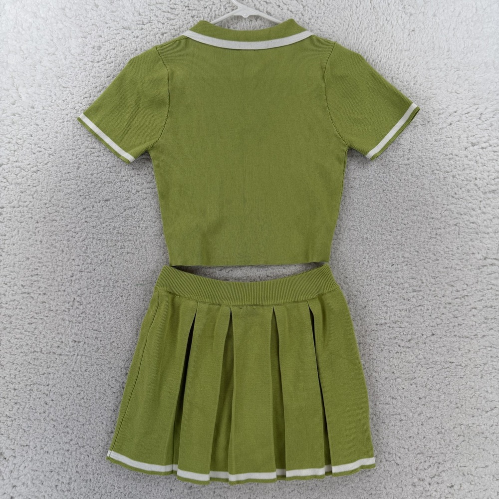 Daisy Womens Green Knit 2 Piece Set Polo Top M Pleated Mini Skirt S - Picture 2 of 10